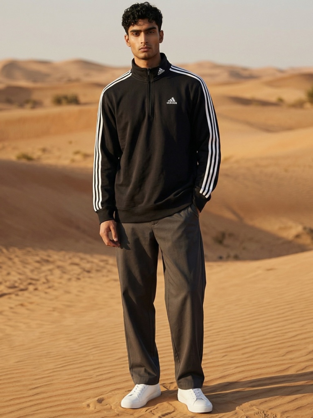 adidas Black Quarter-Zip Performance Pullover with White 3-Stripes - Picture 1 of 5